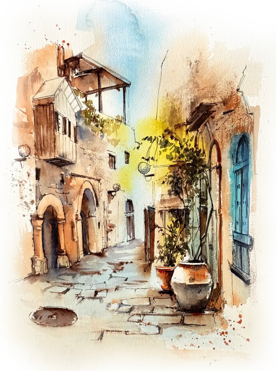 Impressionistic Cityscapes Painting By Sophie Rodionov, 11 X 15", Tzfat Israel City, Original Artwork