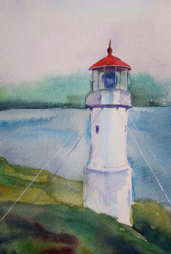 Watercolor painting Lighthouse on Faroe Islands