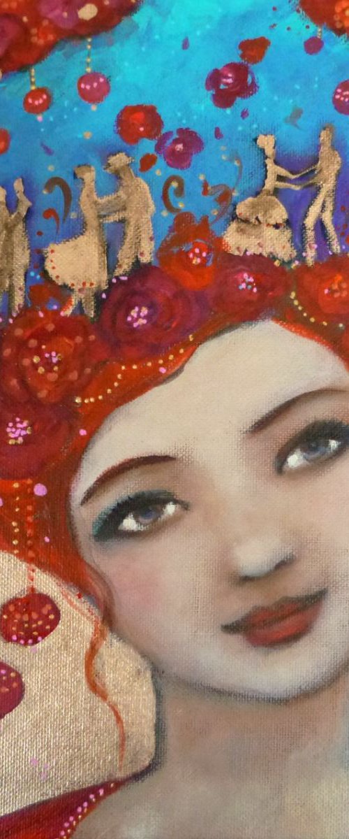 Woman portrait "Jour de fête" acrylic on canvas 30x30cm by Loetitia Pillault