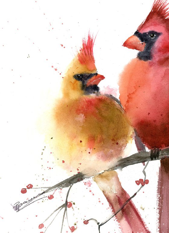 Two Cardinals - original watercolor painting