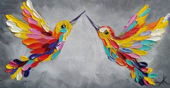 Love - birds, hummingbirds, love, animals oil painting, art bird, impressionism, palette knife, gift.