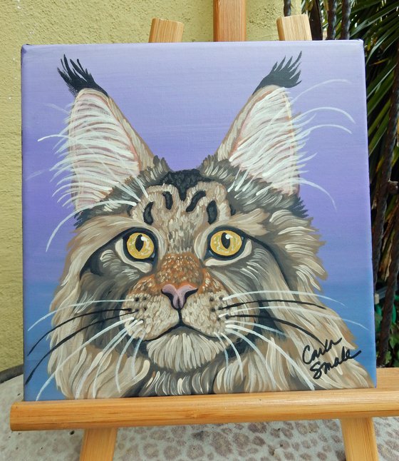 Maine Coon Cat Pet Original Art Painting-8 x 8 Inches Stretched Canvas-Carla Smale