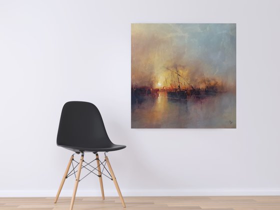 " Harbor of destroyed dreams - Hazy morning " W 70 x H 70 cm