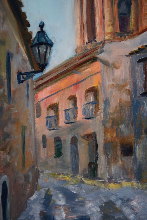 Original oil painting on canvas Italian street, Erice