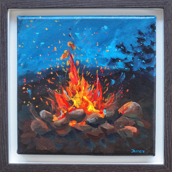 Bonfire - original painting, framed, ready to hang