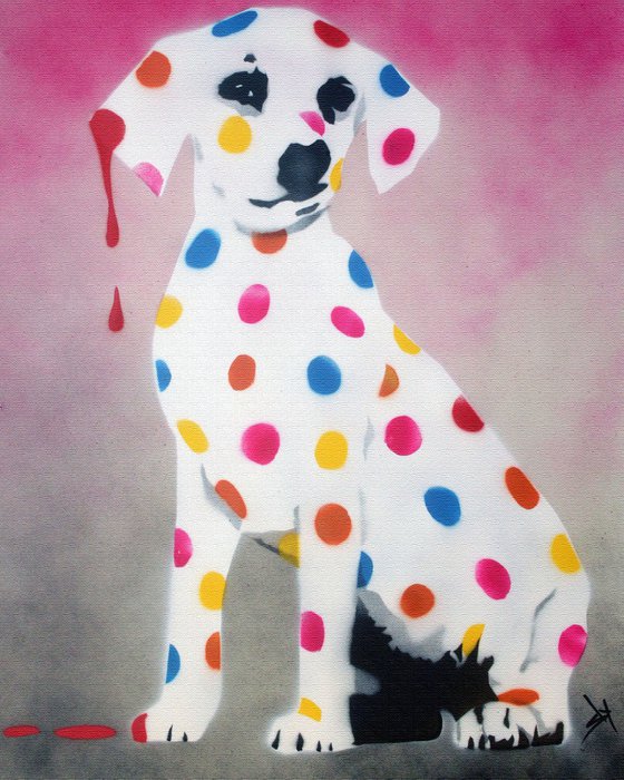 Damien's dotty, spotty, puppy dawg (pink on canvas) +FREE poem.