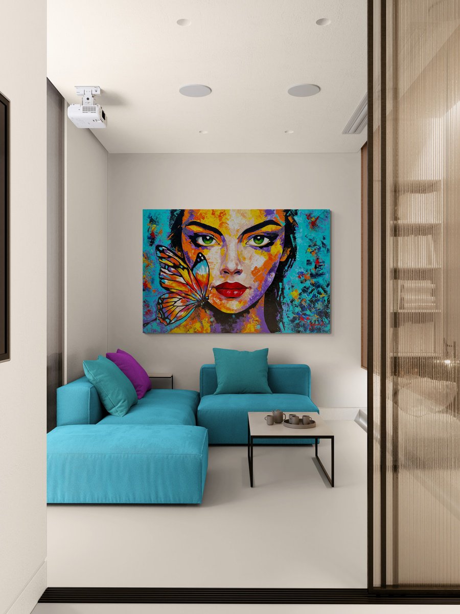 Abstract Portrait Acrylic Painting By Julijana Ravbar, 59 X 39", Whisper Of Wings, Original Artwork