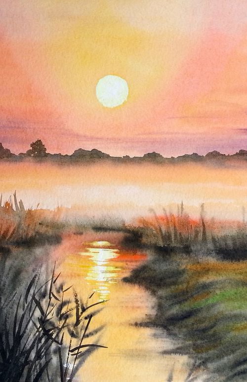 A Misty Sunrise on the Lake – by Olga Beliaeva Watercolour