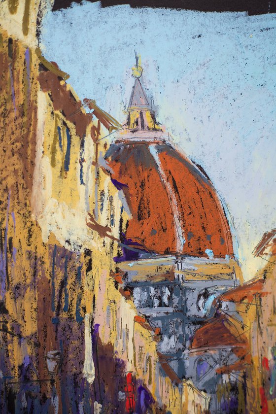 Florence in dawn. View of Duomo cathedral and colorful street. Small oil pastel drawing bright colors italy