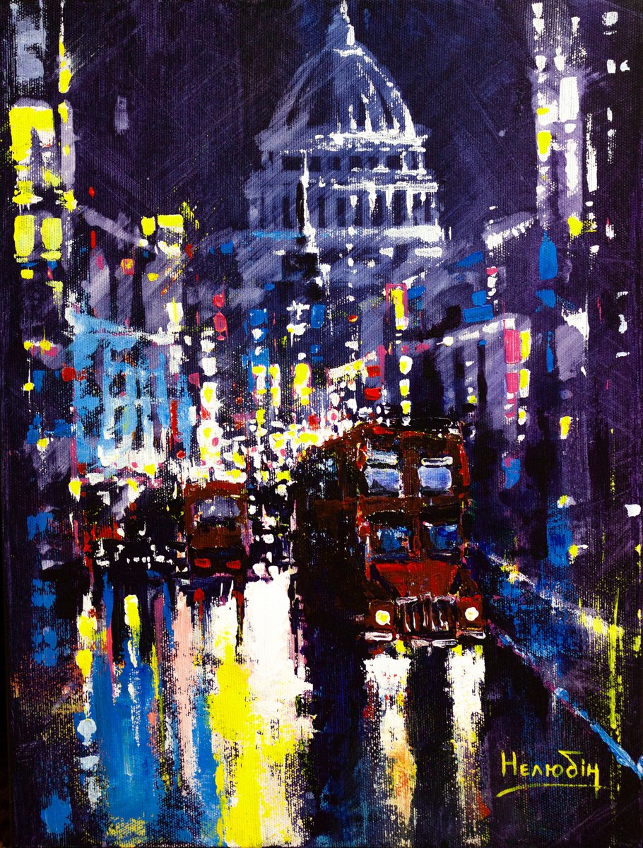 Impressionistic Cityscapes Acrylic Painting By Aleksandr Neliubin, 12 X 16, Night London, Original Artwork