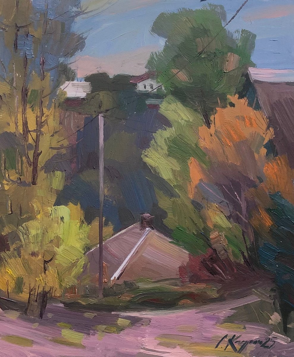 Impressionistic Landscape Acrylic Painting By Sergey Kachin, 20 X 24", Autumn Twilight, Original Artwork