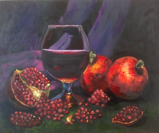 Evening with pomegranate wine - still life in oil