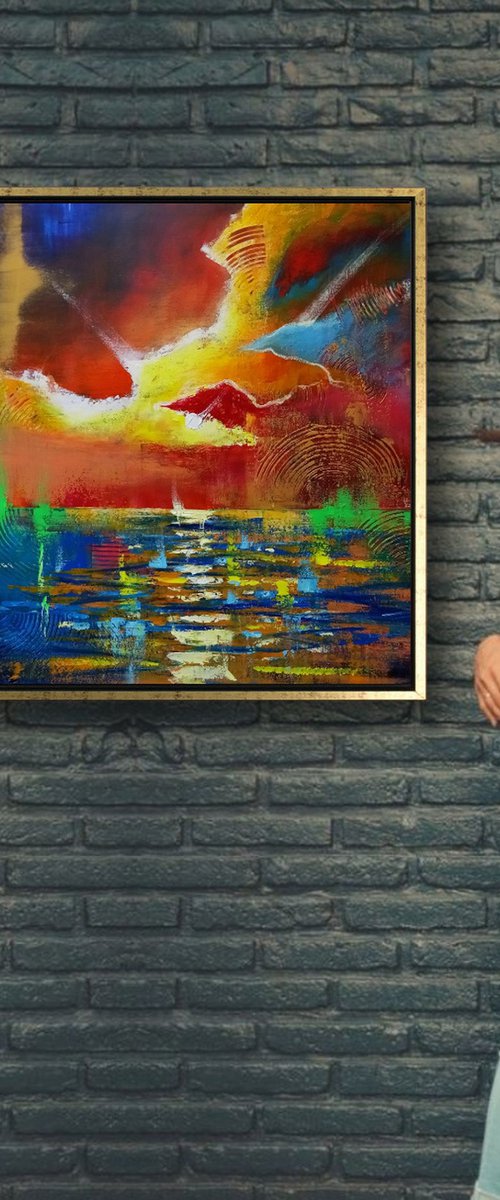 'RED SUNSET OVER THE SEA' - Large Square Acrylic Painting on Canvas by Ion Sheremet