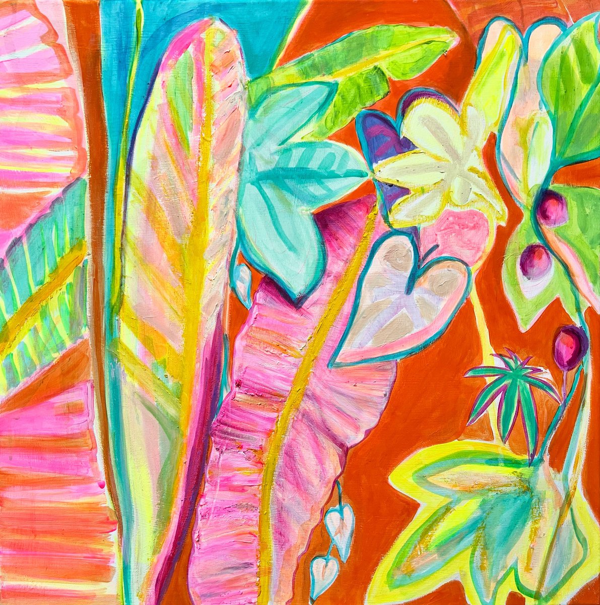 Organic Botanical Acrylic Painting By Kathryn Sillince, 22 X 22", 