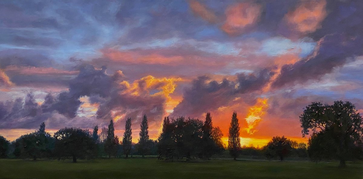 Impressionistic Landscape Oil Painting By Diana Sandetskaya, 11 X 21, Sunset In Mh Park (Xvii), Original Artwork