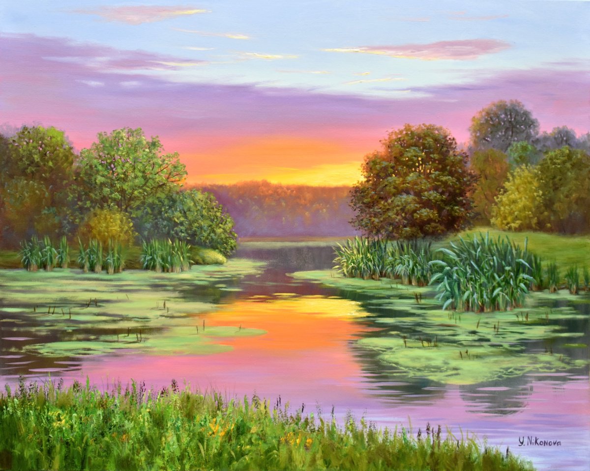 Impressionistic Landscape Oil Painting By Yulia Nikonova, 30 X 24", Golden Tranquility, Original Artwork