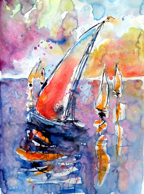 Sailboats at sea by Kovács Anna Brigitta