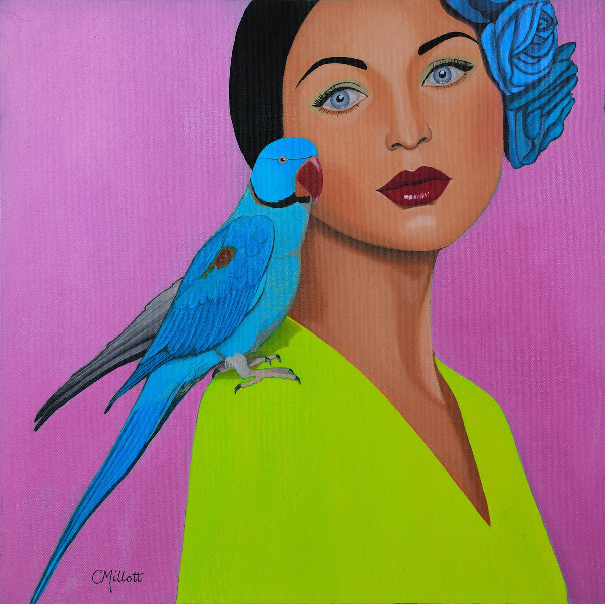 Expressive Portrait Giclee Print By Caroline Millott, 16 X 16, Pink Girl With Parrot - Giclee, Original Artwork