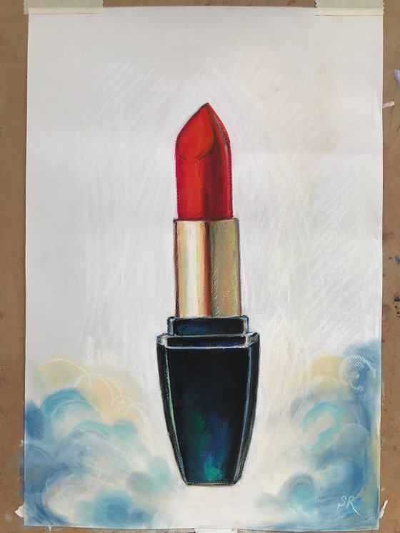 Rocket - Pastel drawing on paper, original gift, red, red lipstick, woman, blue, black, original gift, home decor, pop art, office interior