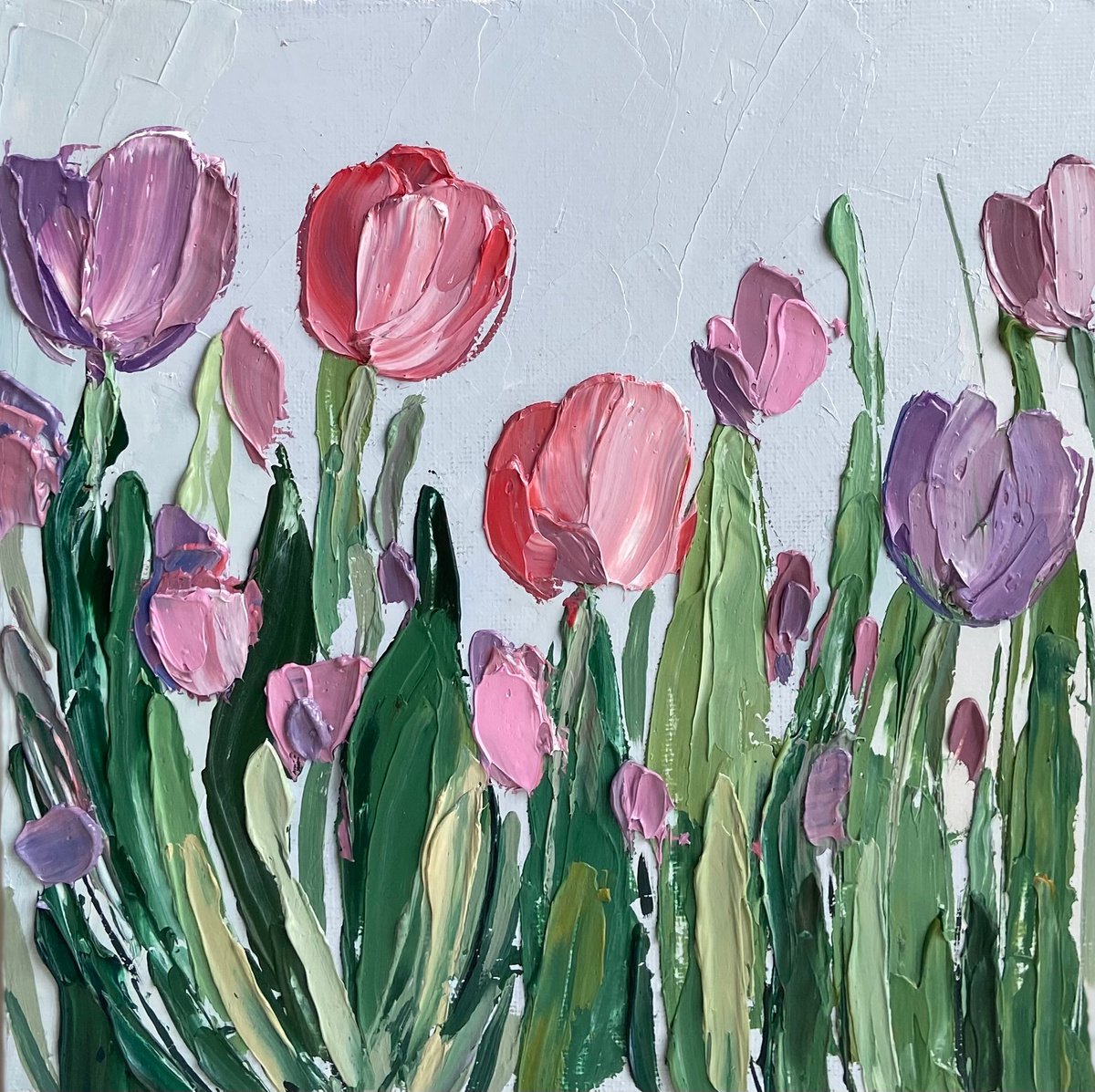 Abstract Tulips flowers painting 20x20cm mini art impasto oil by Leysan Khasanova