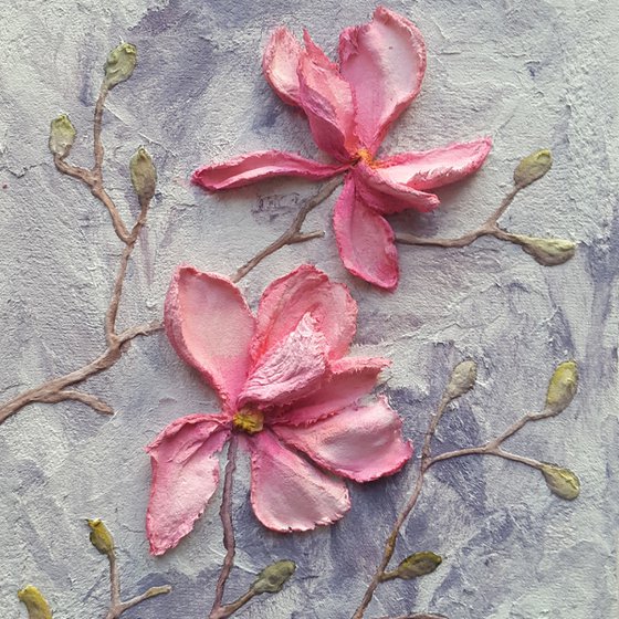 Sculptural painting, pink flowers impasto art Magnolias