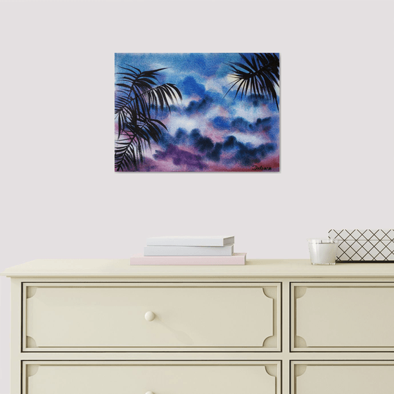 Tropical sunset - original watercolor, sky and palm leaves