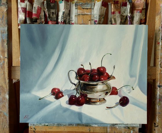 "Cherry flavor. "  still life summer plant cherries red  liGHt original painting  GIFT (2021))