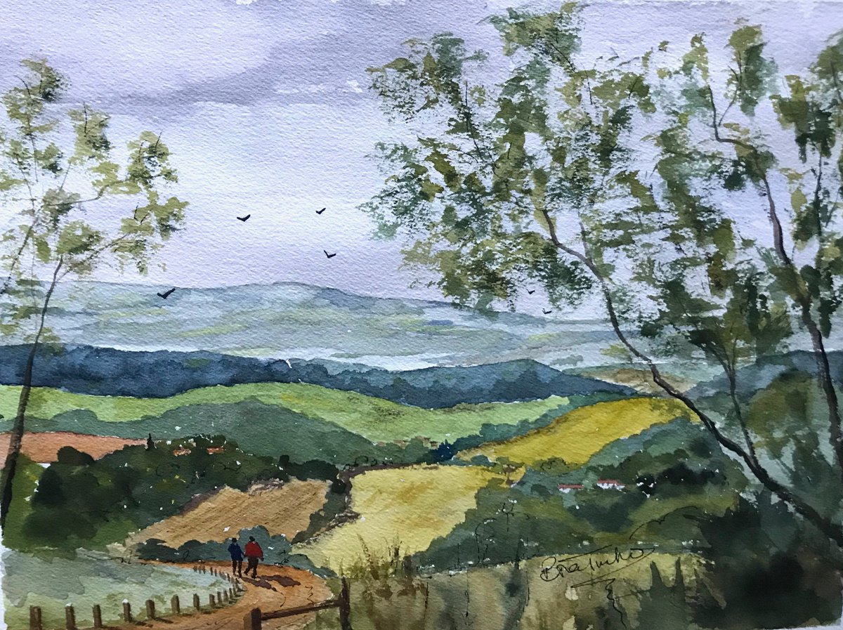 Impressionistic Landscape Watercolour By Brian Tucker, 14 X 10, Walking On The North Downs, Original Artwork
