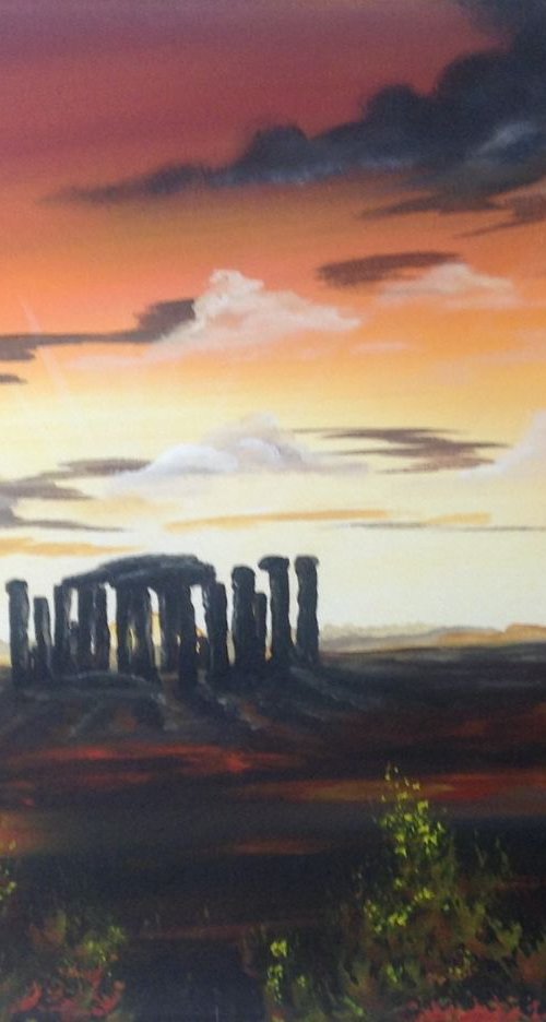 Solstice moon over Stone Henge by Marja Brown