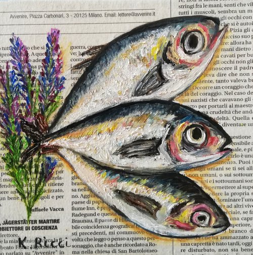 "Fishes  on Newspaper" Original Oil on Canvas Board Painting 6 by 6 inches (15x15 cm) by Katia Ricci