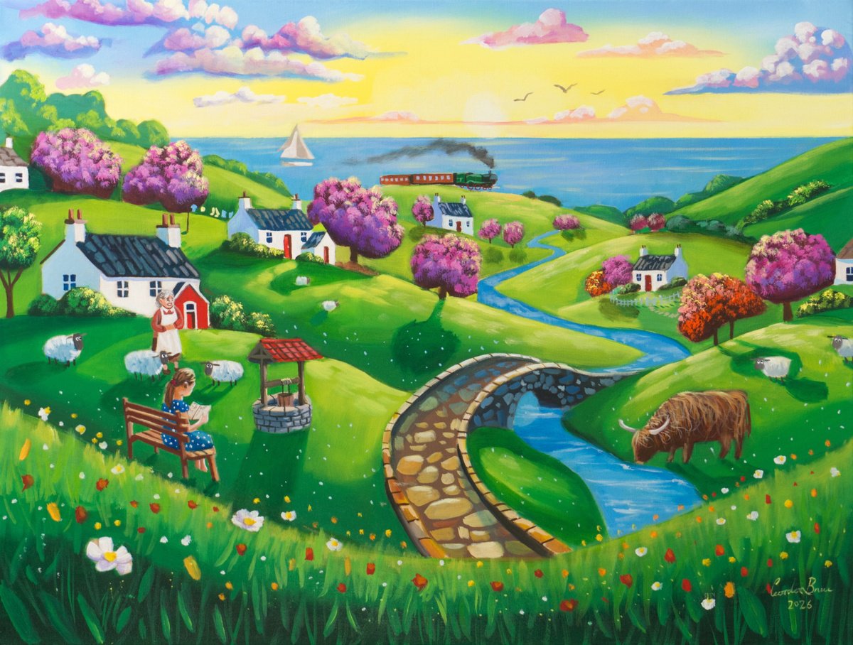 Naive Oil Painting , A Journey Through Summer Fields By Gordon Bruce, 24 X 18, Artwork For Sale On Artfinder