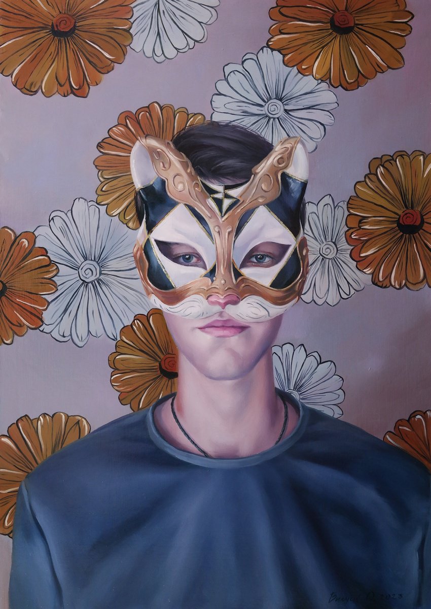 Illustrative Portrait Oil Painting By Lena Vylusk, 20 X 28", "Reflection Mask", Original Artwork