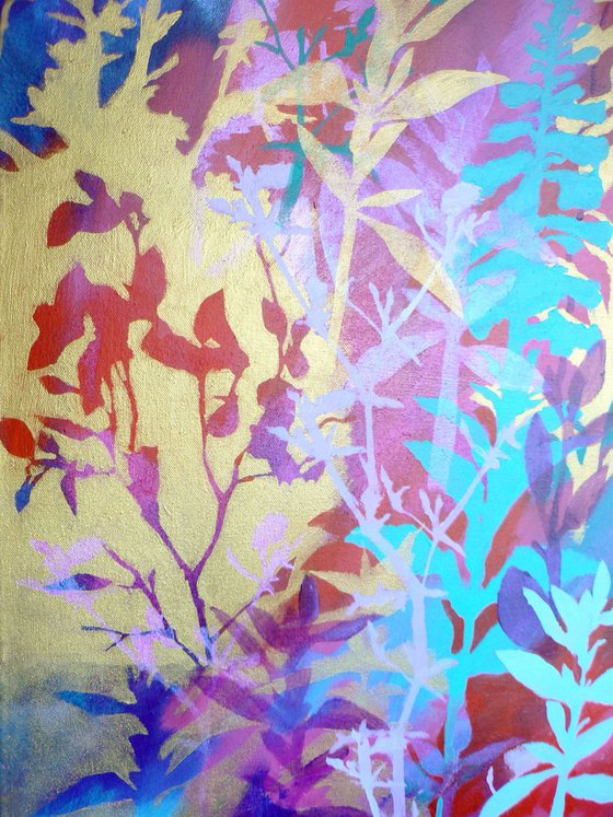 Chinoiserie  ( vibrant semi abstract flower painting with gold - ready to hang)