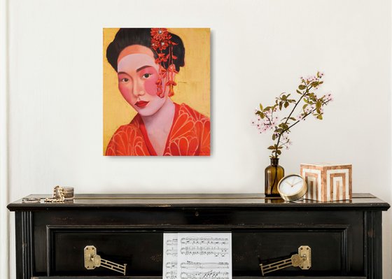 Geisha in kimono on the gold background portrait number 3