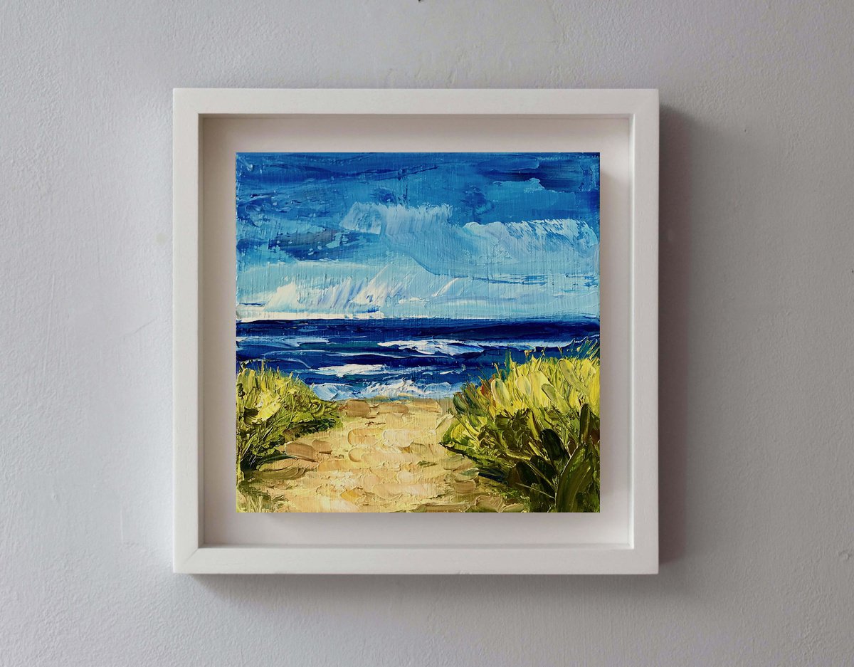 WALKING TO THE BEACH, Original Textural Impressionist Square Mini Landscape Oil Painting by Nastia Fortune
