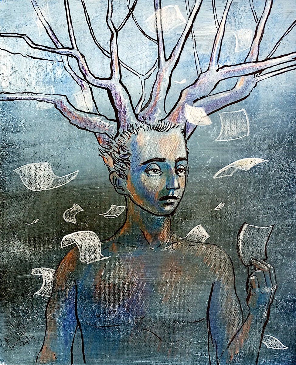 Illustrative Portrait Drawing By Paolo Beneforti, 9 X 12", Falling Papers, Original Artwork