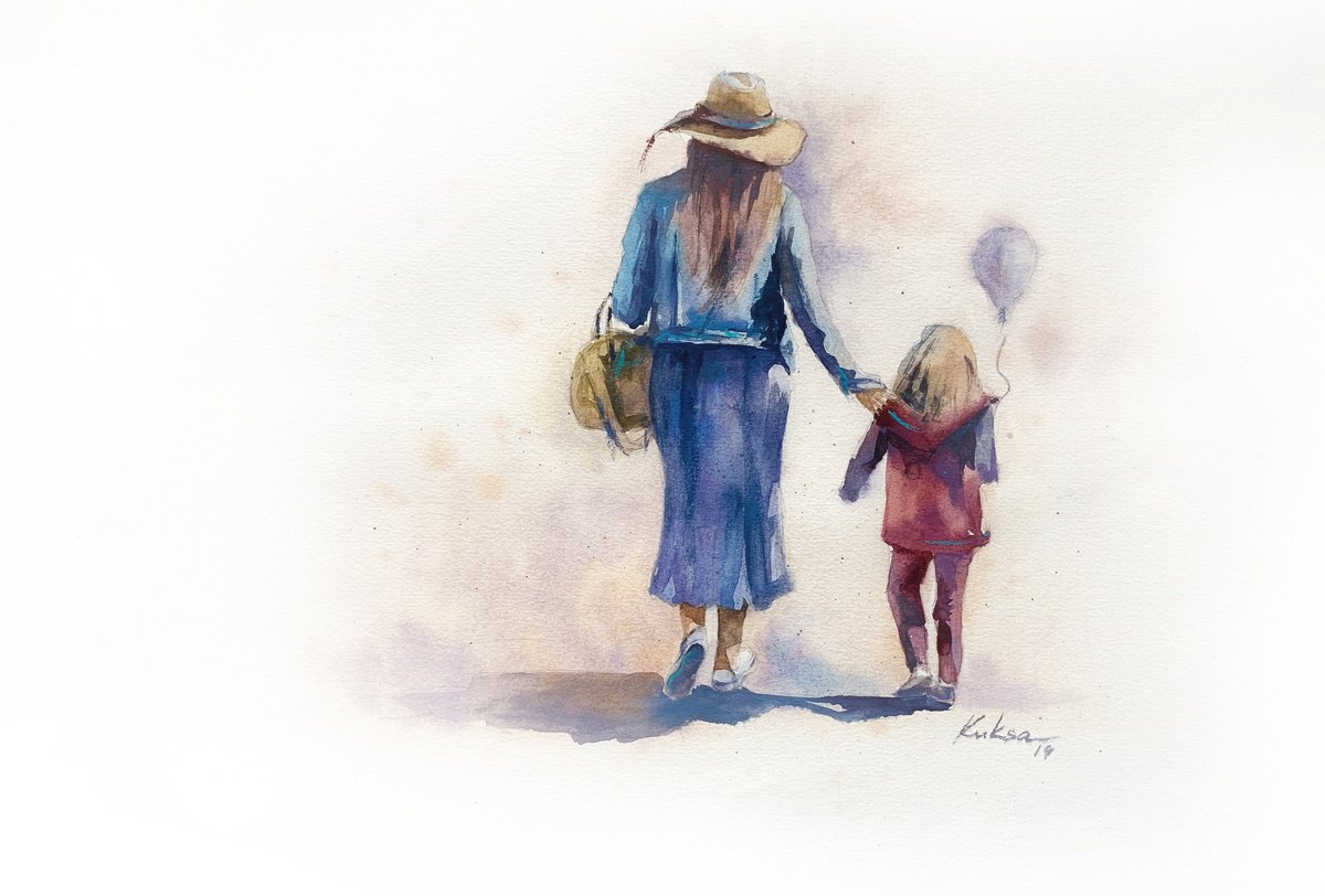 Impressionistic Portrait Watercolour By Tetiana Koda, 18 X 12", Woman With Child, Original Artwork