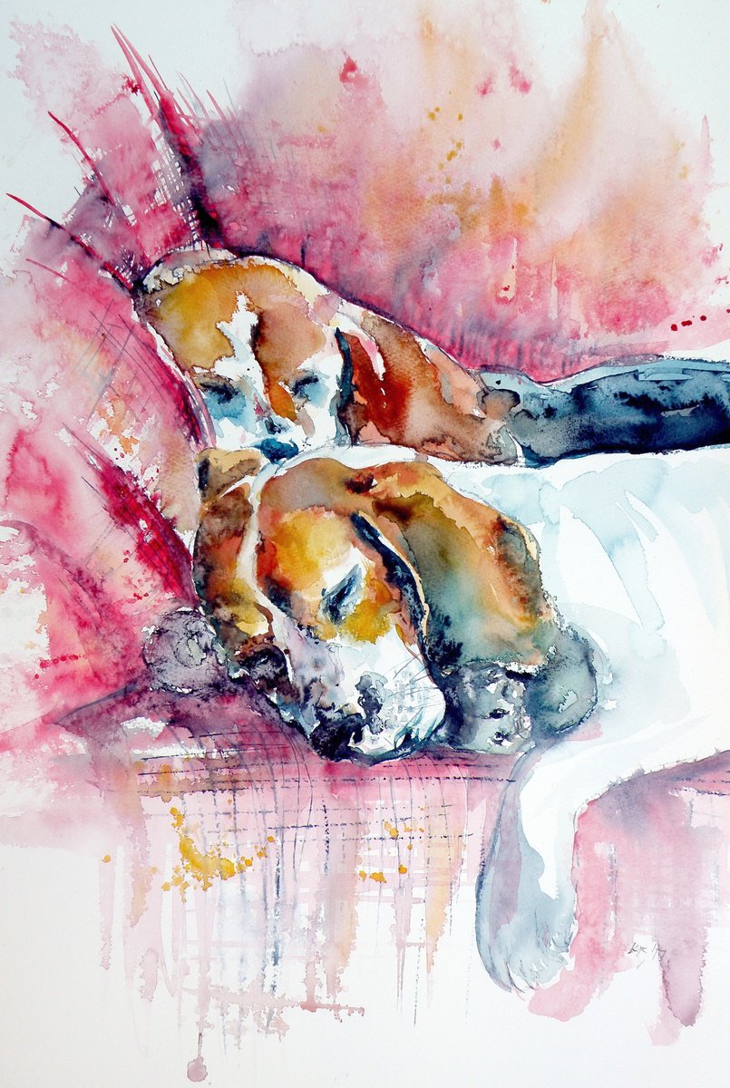 Impressionistic Animal Watercolour By Kovacs Anna Brigitta, 15 X 22", Sleeping Dogs, Original Artwork