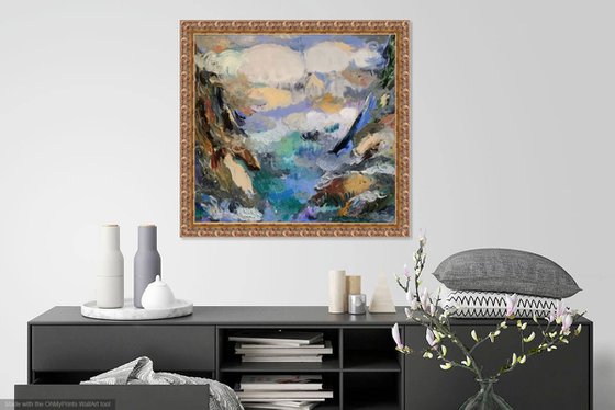 SULAK CANYON CLOUDS - Mountainscape, mountain landscape, original painting oil on canvas, sky blue summit, gift