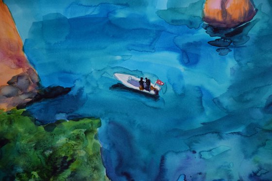 Greece seascape big original watercolor painting, coastal home decor