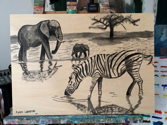 Zebra and Elephants at Waterhole