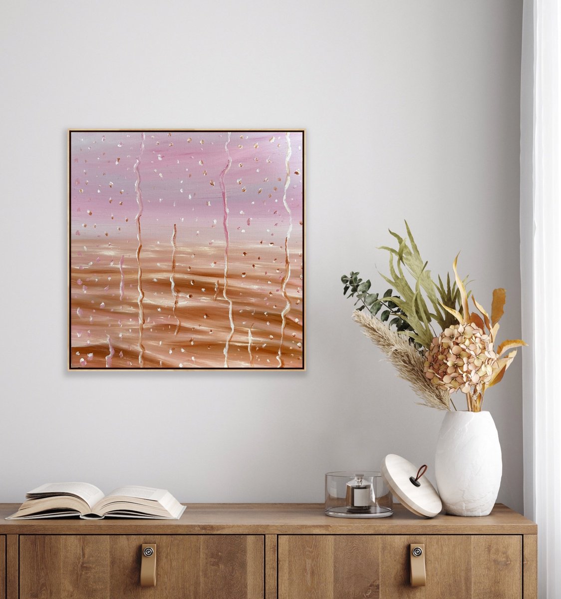 Surrealistic Landscape Oil Painting By Alanah Jarvis, 12 X 12, Pink Rain, Original Artwork