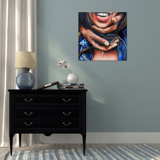 I WANT YOU TO SMILE - oil painting hands smile woman lips blue jeans home decor office decor pop art oil on canvas