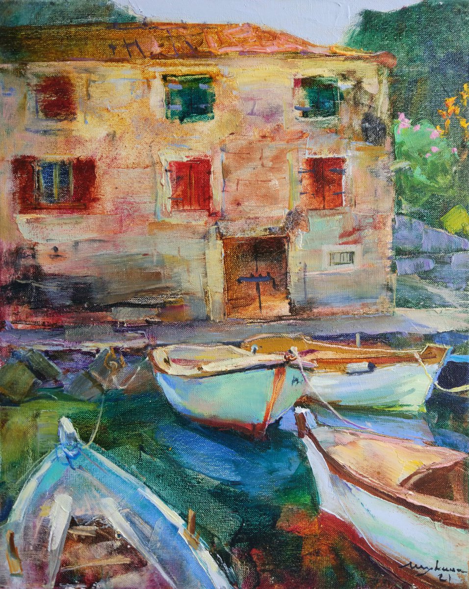Boats in the old town of Montenegro. Original oil painting by Helen Shukina