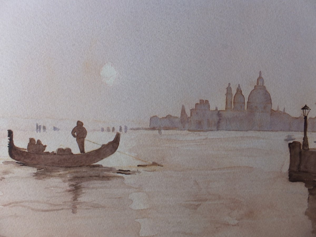 Photorealistic Landscape Watercolour By David Harmer, 19 X 15, Across The Lagoon, Venice, Original Artwork