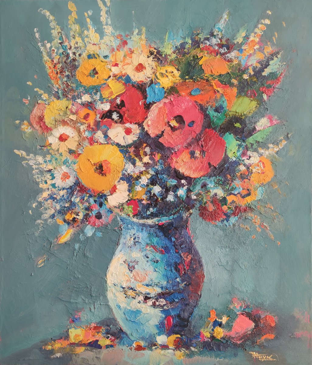 Impressionistic Botanical Oil Painting By Hayk Miqayelyan, 20 X 24, Field Flowers, Original Artwork