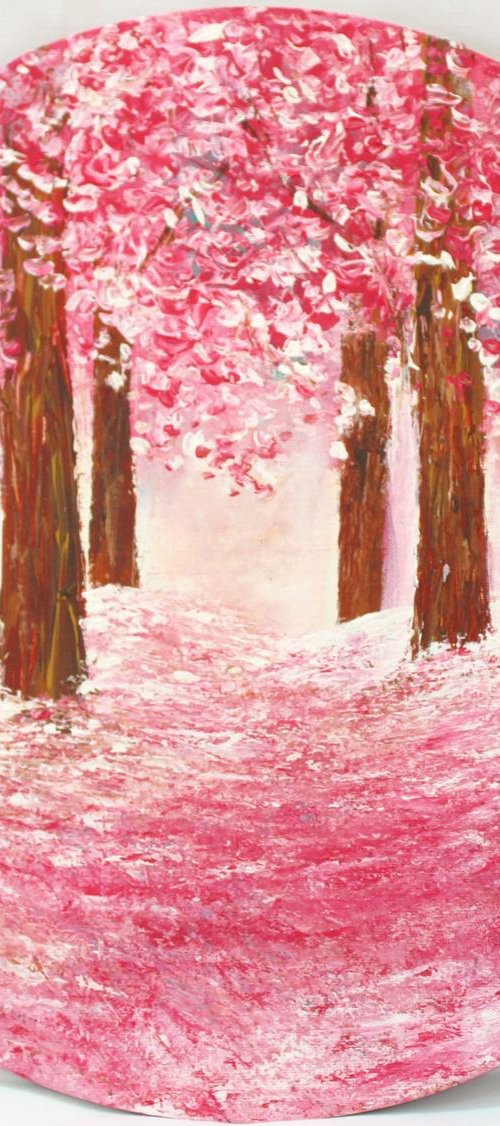 The Pink Paradise - Cherry Blossom Trees , Impressionistic Acrylic Painting by Vikashini Palanisamy