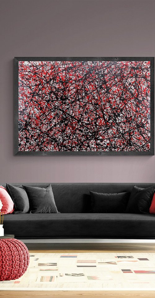 large colored abstract painting signed alessandro butera "red and black" unique work by Alessandro Butera