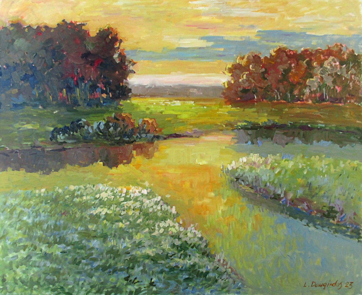 Impressionistic Landscape Oil Painting By Liudvikas Daugirdas, 43 X 35", A Warm Evening, Original Artwork