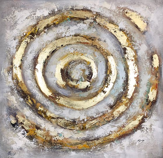 Golden Circle - Abstract White Grey Gold Painting, Square Painting 36" Large Canvas, Gold Leaf, Minimalist Painting, Living Room Painting